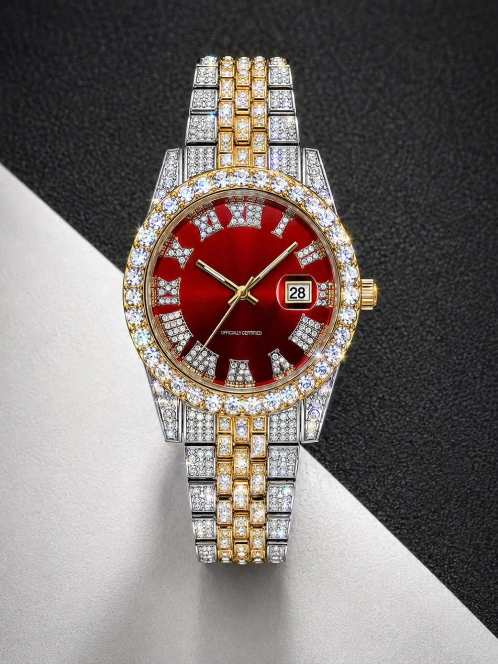 Two Tone Iced Out Red Face Watch Stainless Steel BustDown Quartz Date Rollie